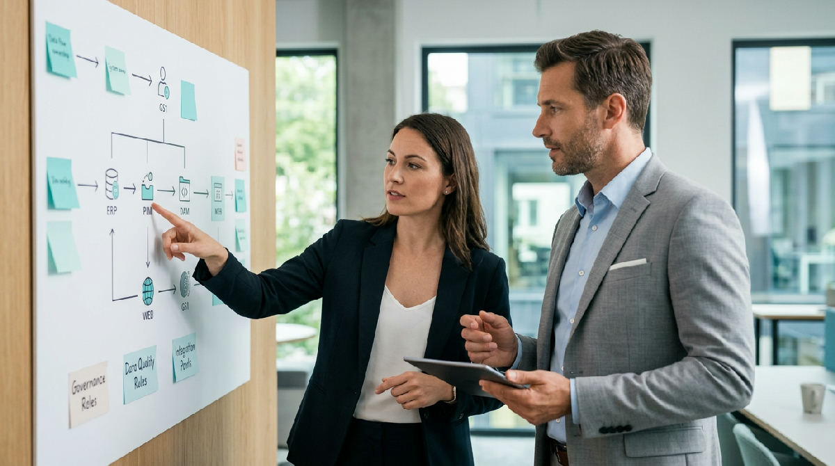 Team van inkoop en e-commerce bespreekt productkenmerken en datakwaliteit aan tafel