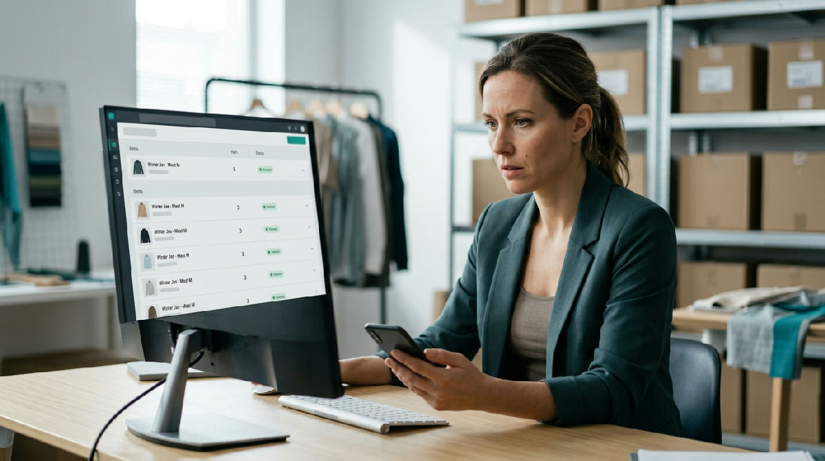 Schema van gegevensstromen tussen ERP systeem en Shopify-webshop voor fashion