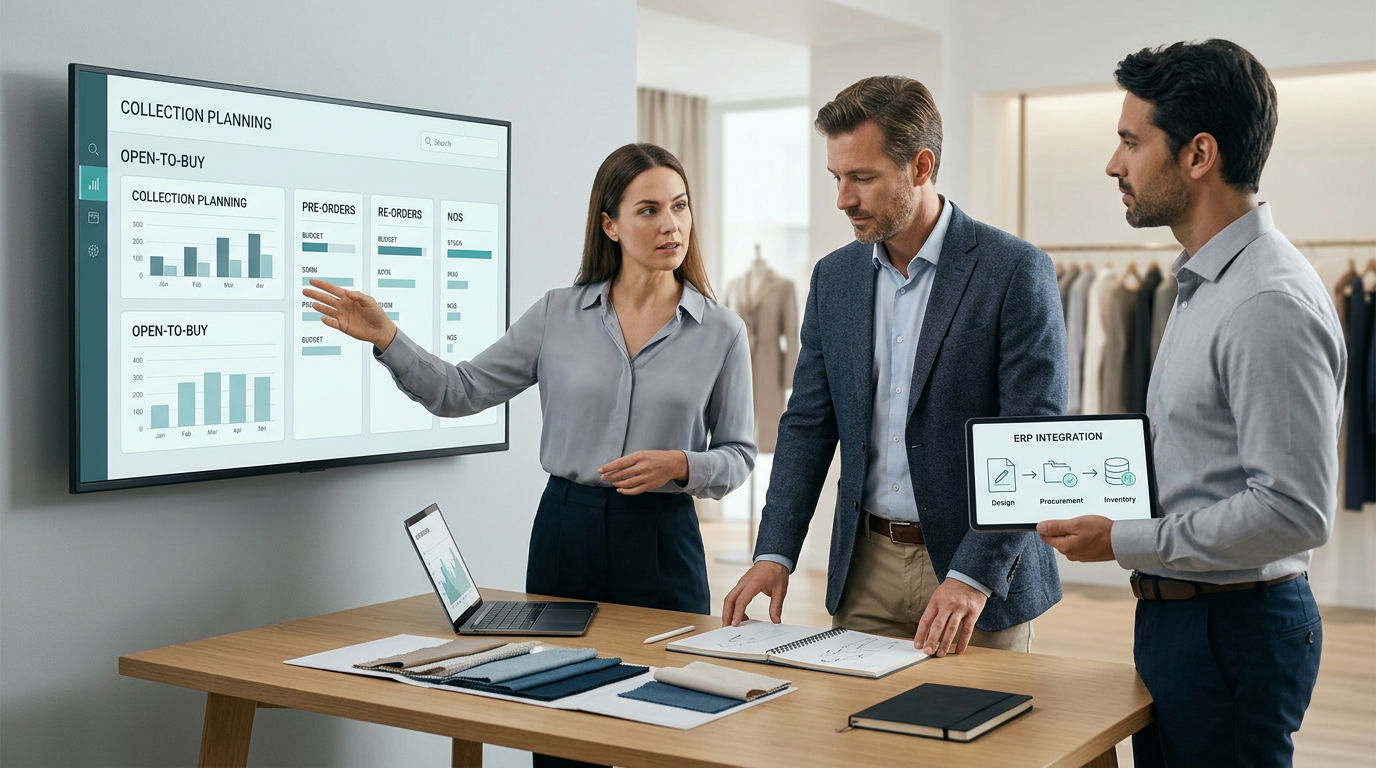 Collectieplanner bekijkt kledingstalen en een seizoensplanning op een laptop